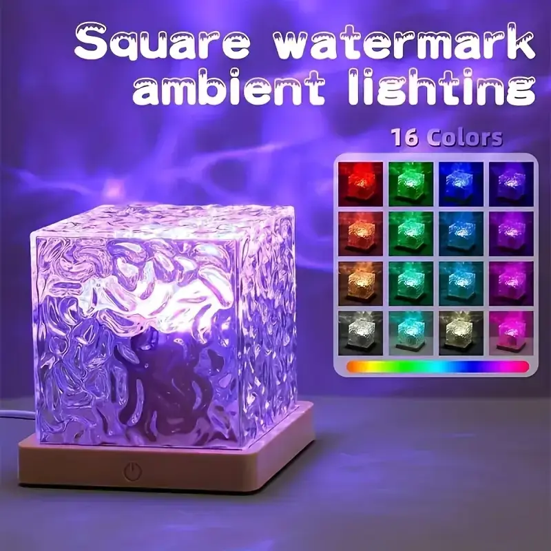 16 color Northern Light Projection Night Light, Luminous Cube Crystal Light, with Touch/Remote Control, USB Wave Night Light Projector
